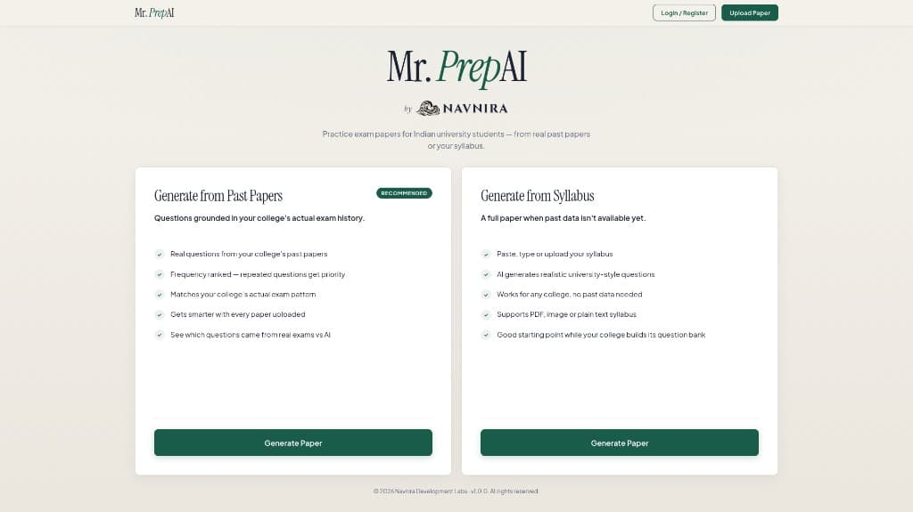 MrPrepAI homepage — practice exam papers from past papers or syllabus